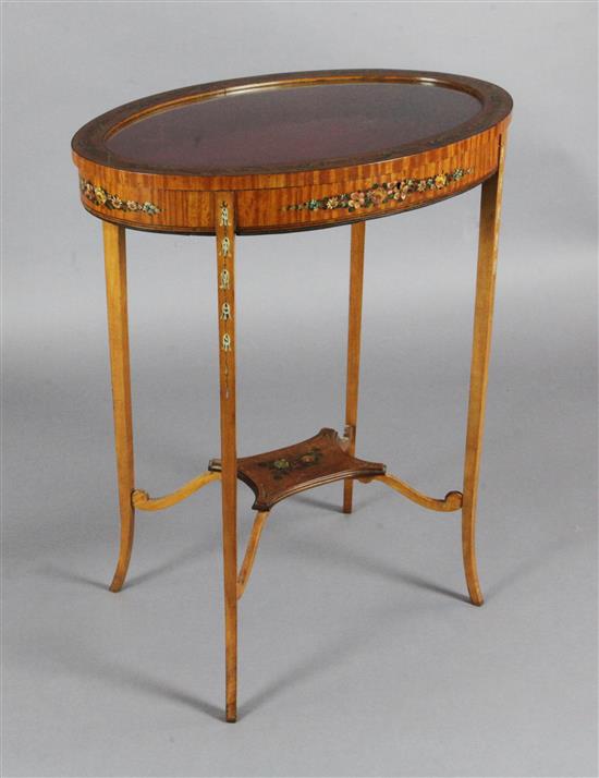 A Sheraton revival painted satinwood bijouterie table, W.2ft 2in. D.1ft 6in. H.2ft 7in.